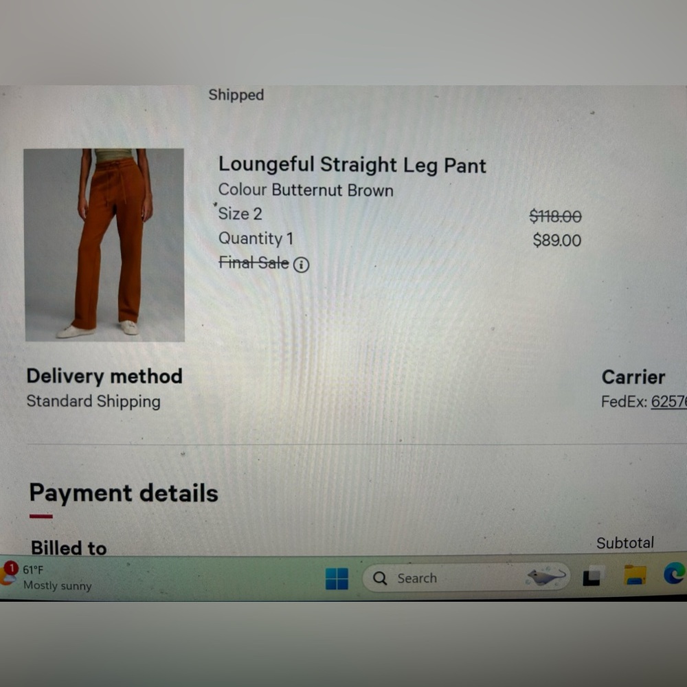 lulu lemon Loungeful straight leg pant size 2 butternut brown.  Like new!